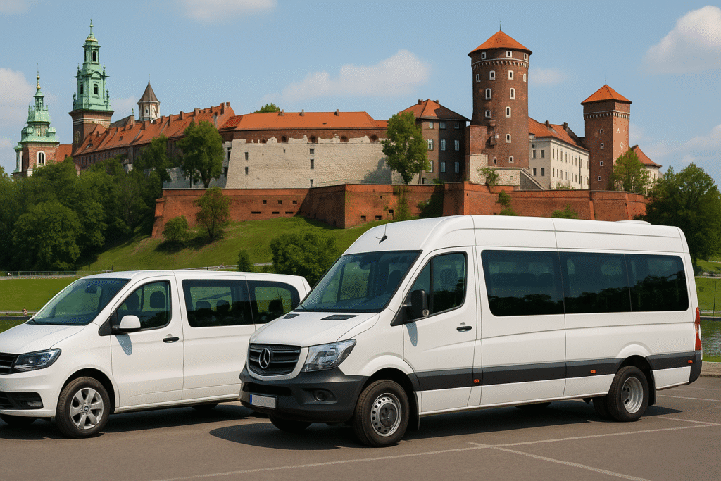 Minibus i mikrobus zaparkowane na tle panoramy Krakowa