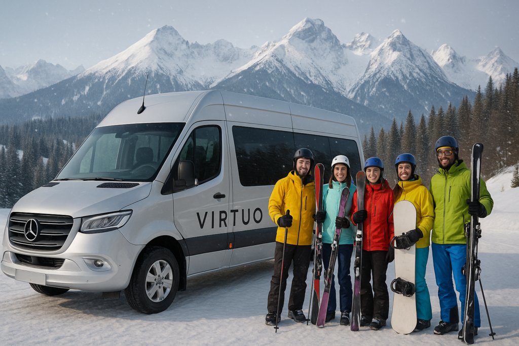 Bus VIRTUO i narciarze przed ośnieżonym stokiem w Tatrach