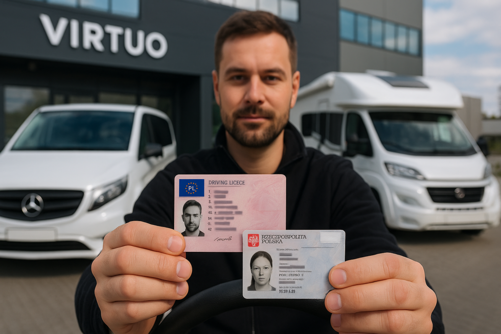 Kierowca prezentujący dokumenty potrzebne do wynajmu busa i kampera przed wypożyczalnią samochodów w Krakowie