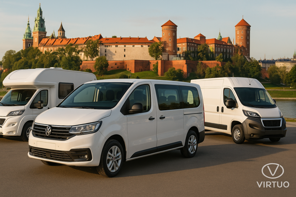 Bus, kamper i auto dostawcze VIRTUO na tle Krakowa – flota do wynajęcia na weekend lub tydzień