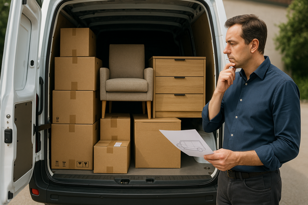 Załadunek samochodu dostawczego kartonami i meblami podczas planowania transportu ładunku